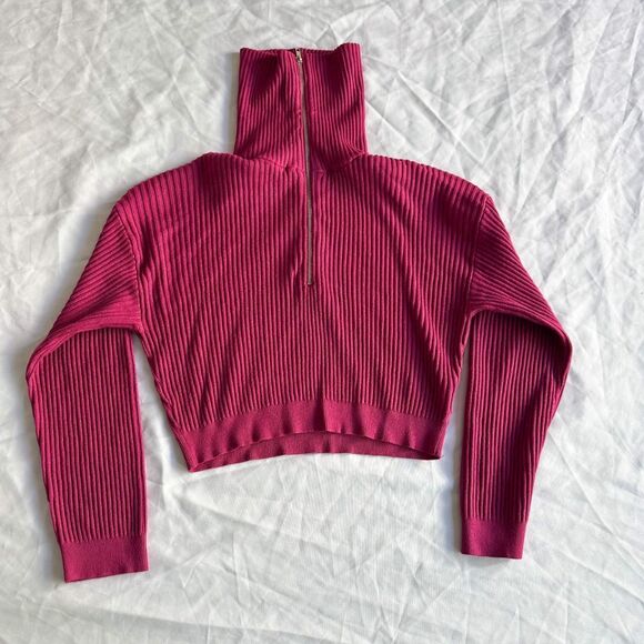 Cotton On Magenta Zip Up Cropped Ribbed Sweater - Picture 6 of 8